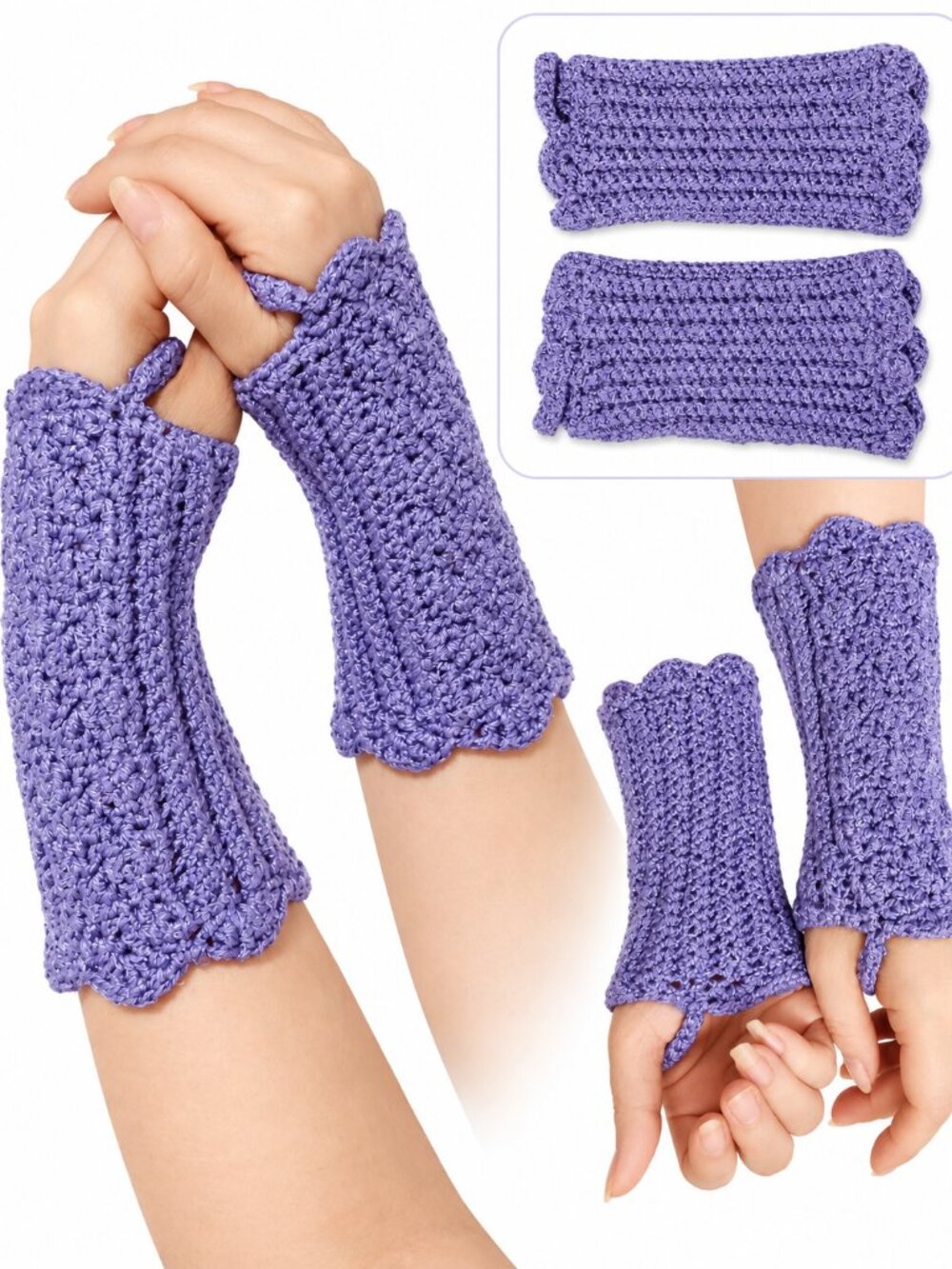 Handmade Crochet Fingerless Gloves Purple Lavender Wrist Warmers Scalloped Trim